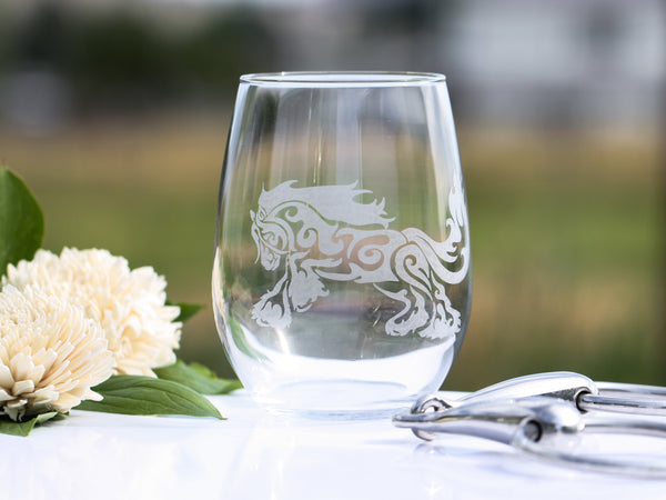 Jumper Floral Etched Stemless Wine Glass - Equus Now!