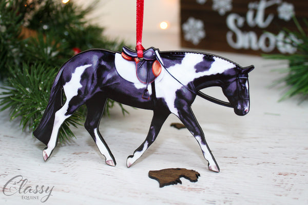 Bay Tobiano Western Horse Ornament - Paint Horse Christmas Decoration -  Classy Equine