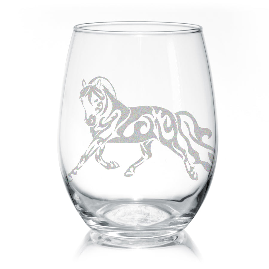 Set of 4, Etched Stemless Crystal Wine Glasses w/ Dala Horse