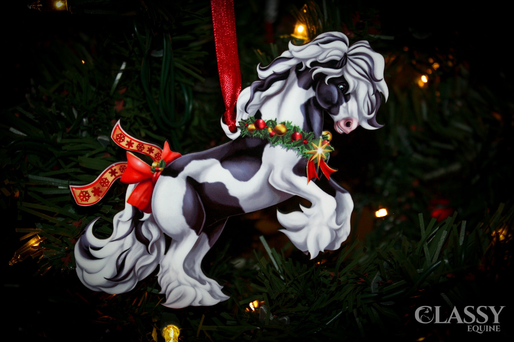 Bay Tobiano Western Horse Ornament - Paint Horse Christmas Decoration -  Classy Equine